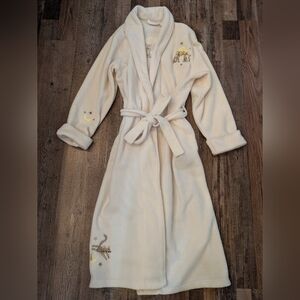 Vintage Delicates Fleece Cream Robe Embroidered Cats and Dogs Moon Stars Size L